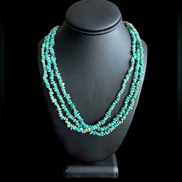 Native American sterling silver & genuine turquoise three strand necklace - Picture 1 of 9